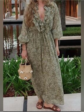 Ruffled V-Neck Floral Maxi Dress in Sage Green